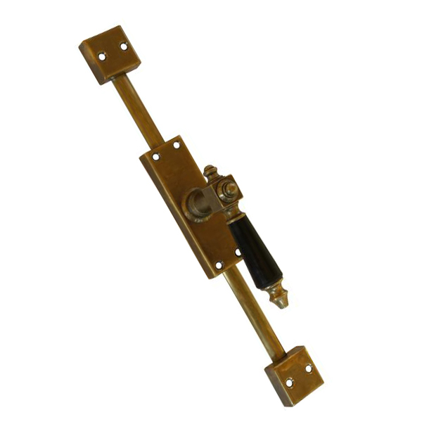 Fenstergetriebe altes, Basquilverschluß, Messing patiniert, für rechtes Fenster, bis 2,4 Meter. Auch als Attrappe möglich, Jugendstil